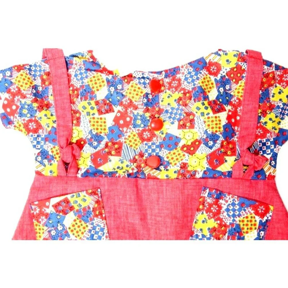 Vintage Clothespin Bag Red Floral Overalls with Calico Patchwork Style Fabric Vi